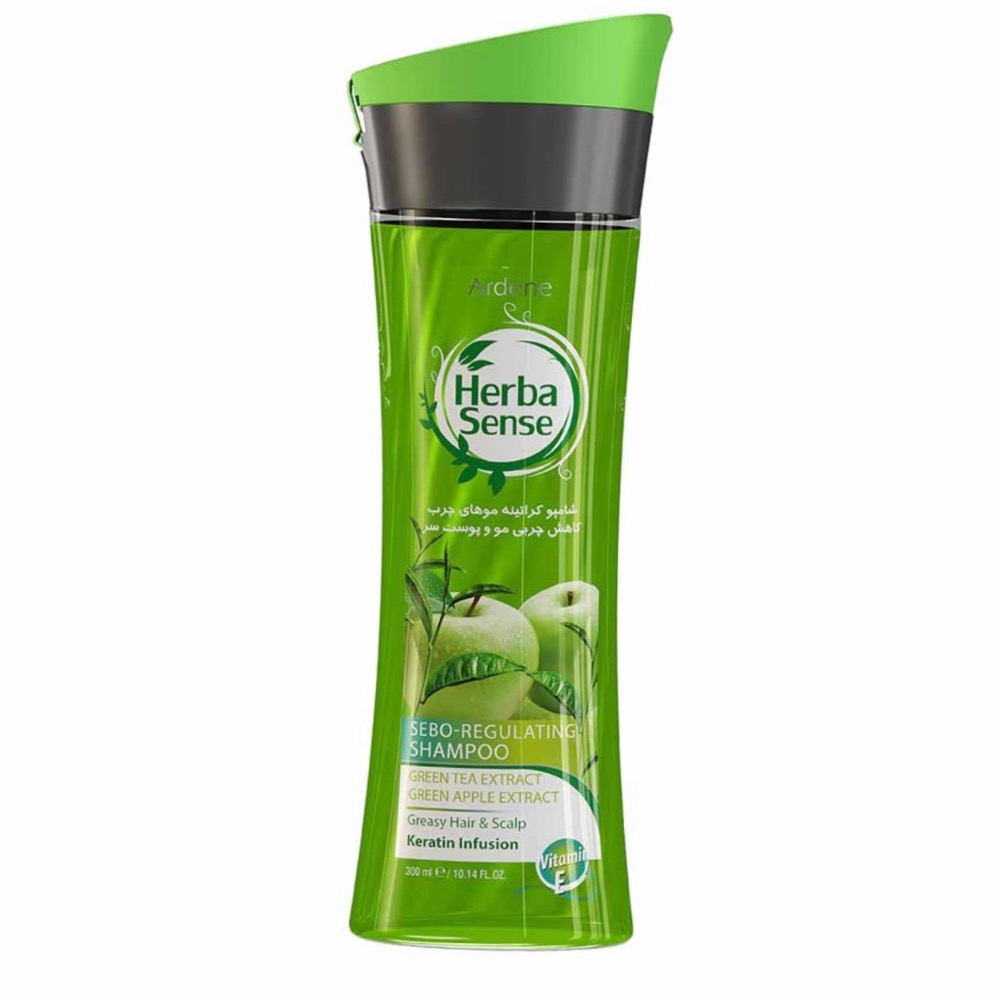 شامپو کراتینه هرباسنس آردن حاوی عصاره چای سبز و سیب سبز مناسب مو چرب حجم 300 میلی لیتر